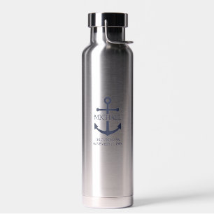 Nautical Navy Blue Anchor Personalised Groomsmen Water Bottle