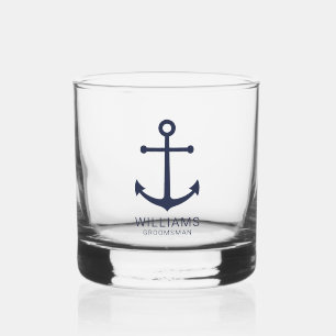 Nautical Navy Blue Anchor Personalised Groomsmen Whiskey Glass