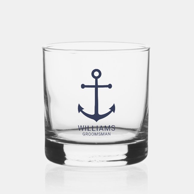 Nautical Navy Blue Anchor Personalised Groomsmen Whiskey Glass (Front)