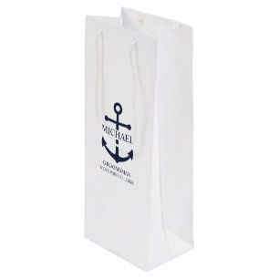 Nautical Navy Blue Anchor Personalised Groomsmen Wine Gift Bag