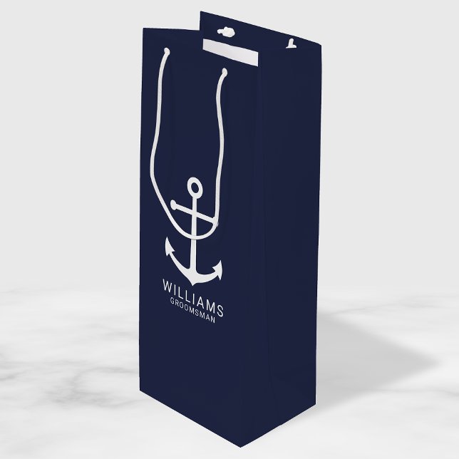Nautical Navy Blue Anchor Personalised Groomsmen Wine Gift Bag (Creator Uploaded)