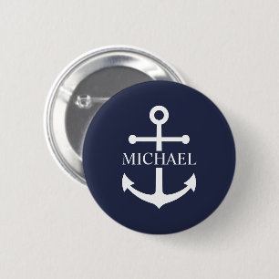 Nautical Navy Blue Anchor Personalised Name 6 Cm Round Badge