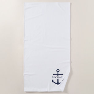 Nautical Navy Blue Anchor Personalised Name Beach Towel