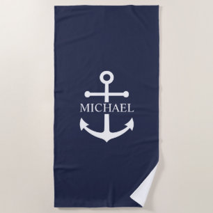 Nautical Navy Blue Anchor Personalised Name Beach Towel