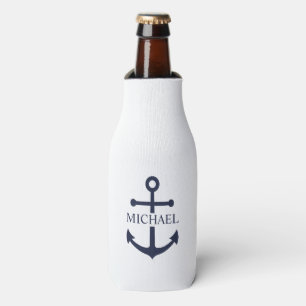 Nautical Navy Blue Anchor Personalised Name Bottle Cooler