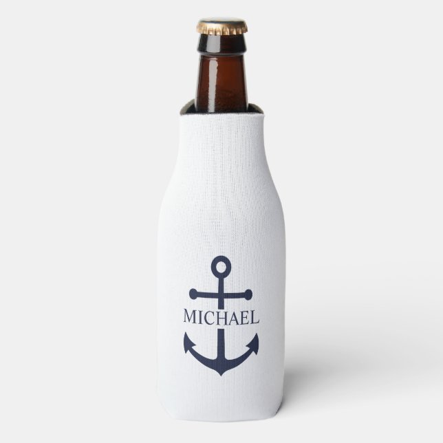Nautical Navy Blue Anchor Personalised Name Bottle Cooler (Bottle Front)