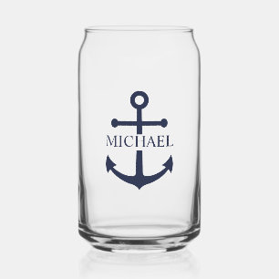 Nautical Navy Blue Anchor Personalised Name Can Glass