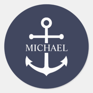 Nautical Navy Blue Anchor Personalised Name Classic Round Sticker