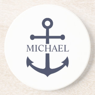 Nautical Navy Blue Anchor Personalised Name Coaster