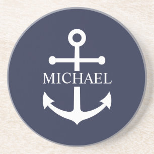 Nautical Navy Blue Anchor Personalised Name Coaster