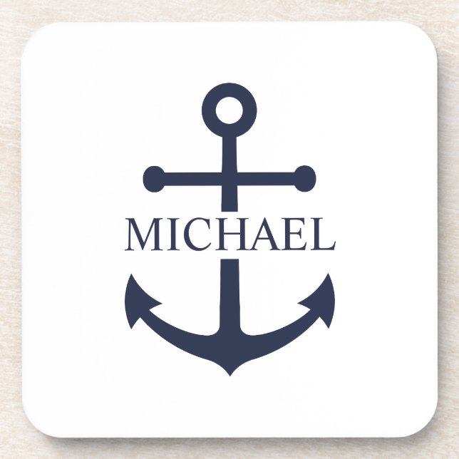 Nautical Navy Blue Anchor Personalised Name Coaster (Front)
