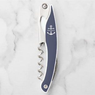 Nautical Navy Blue Anchor Personalised Name Corkscrew