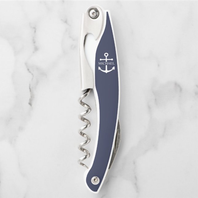 Nautical Navy Blue Anchor Personalised Name Corkscrew (Front)