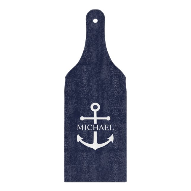 Nautical Navy Blue Anchor Personalised Name Cutting Board (Front)