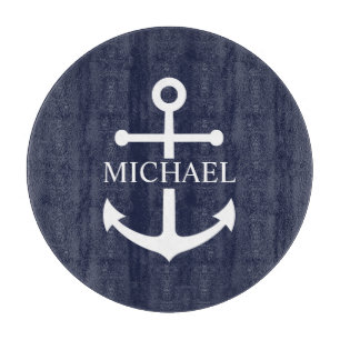 Nautical Navy Blue Anchor Personalised Name Cutting Board