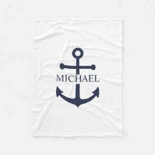 Nautical Navy Blue Anchor Personalised Name Fleece Blanket