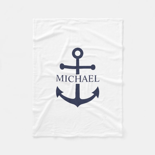 Nautical Navy Blue Anchor Personalised Name Fleece Blanket (Front)