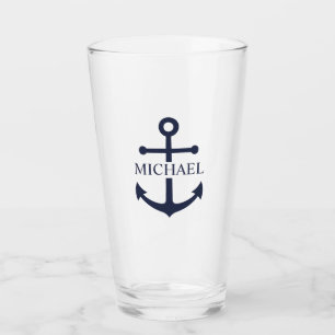 Nautical Navy Blue Anchor Personalised Name Glass