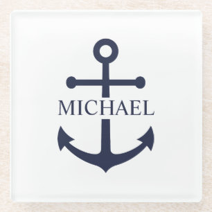 Nautical Navy Blue Anchor Personalised Name Glass Coaster