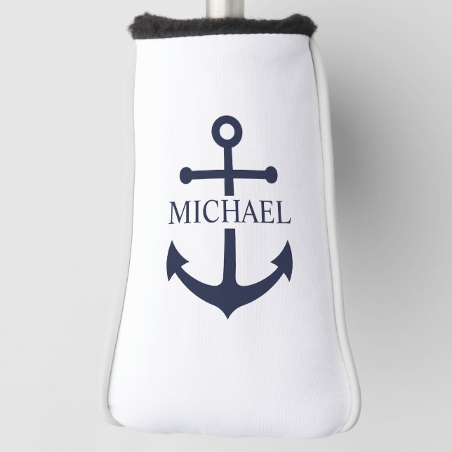 Nautical Navy Blue Anchor Personalised Name Golf Head Cover (Rotate 90)