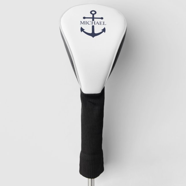 Nautical Navy Blue Anchor Personalised Name Golf Head Cover (Front)