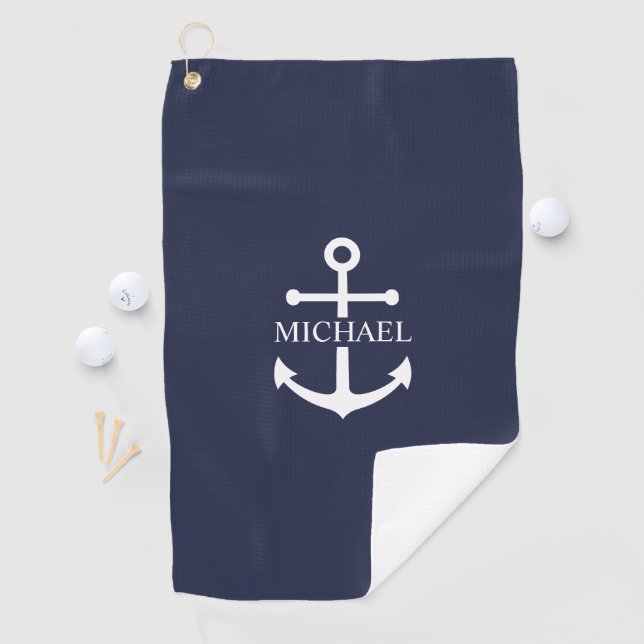 Nautical Navy Blue Anchor Personalised Name Golf Towel (InSitu)