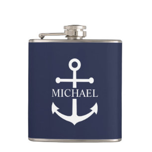 Nautical Navy Blue Anchor Personalised Name Hip Flask