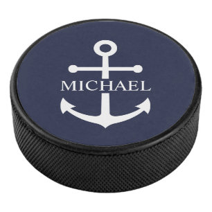 Nautical Navy Blue Anchor Personalised Name Hockey Puck