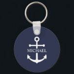 Nautical Navy Blue Anchor Personalised Name Key Ring<br><div class="desc">This personalised gift features a white anchor design with custom name in a classic white serif font on navy blue background.

A thoughtful nautical gift idea for beach house décor,  Father’s Day gift for dad,  thank you gift for groomsmen,  or a unique present for any special occasion.</div>