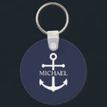 Nautical Navy Blue Anchor Personalised Name Key Ring<br><div class="desc">This personalised gift features a white anchor design with custom name in a classic white serif font on navy blue background.

A thoughtful nautical gift idea for beach house décor,  Father’s Day gift for dad,  thank you gift for groomsmen,  or a unique present for any special occasion.</div>