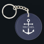 Nautical Navy Blue Anchor Personalised Name Key Ring<br><div class="desc">This personalised gift features a white anchor design with custom name in a classic white serif font on navy blue background.

A thoughtful nautical gift idea for beach house décor,  Father’s Day gift for dad,  thank you gift for groomsmen,  or a unique present for any special occasion.</div>
