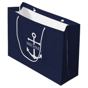 Nautical Navy Blue Anchor Personalised Name Large Gift Bag