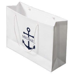 Nautical Navy Blue Anchor Personalised Name Large Gift Bag