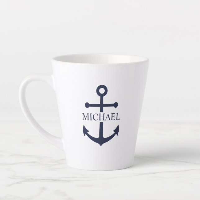 Nautical Navy Blue Anchor Personalised Name Latte Mug (Left)