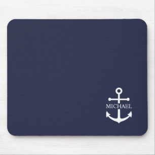 Nautical Navy Blue Anchor Personalised Name Mouse Pad