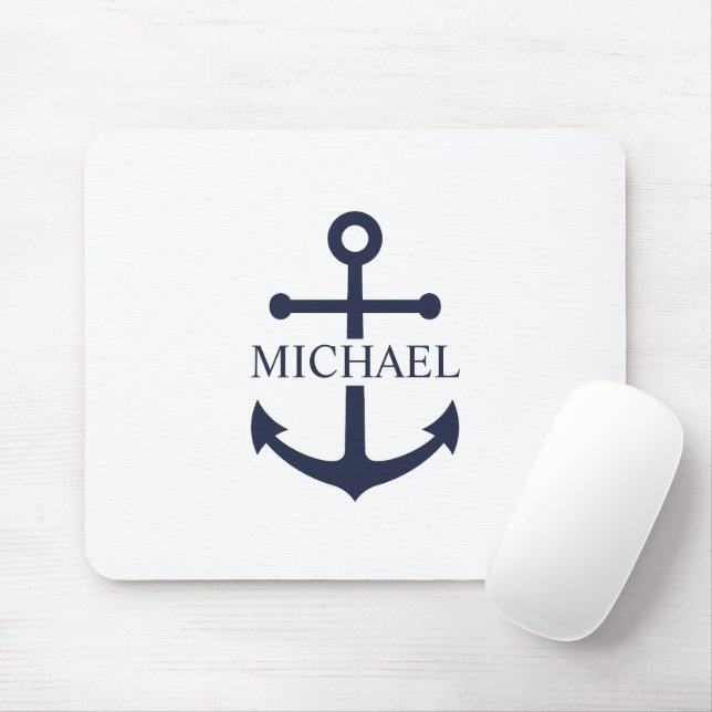 Nautical Navy Blue Anchor Personalised Name Mouse Pad (With Mouse)