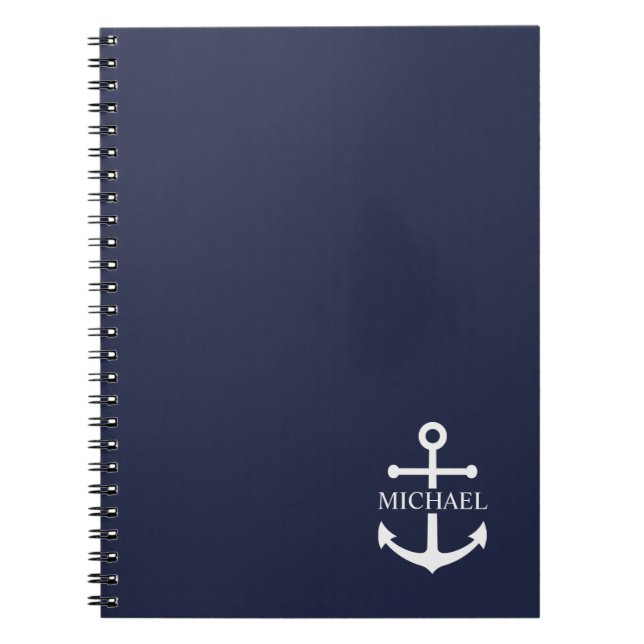 Nautical Navy Blue Anchor Personalised Name Notebook (Front)