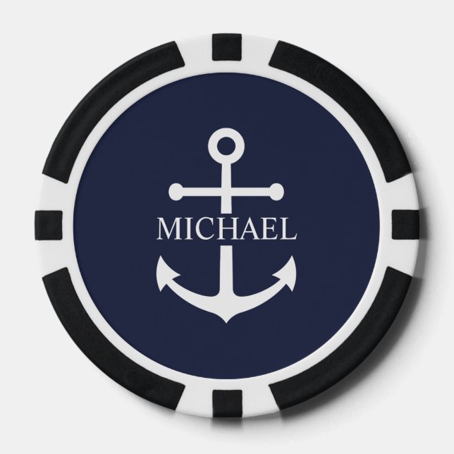 Nautical Navy Blue Anchor Personalised Name Poker Chips (Front)