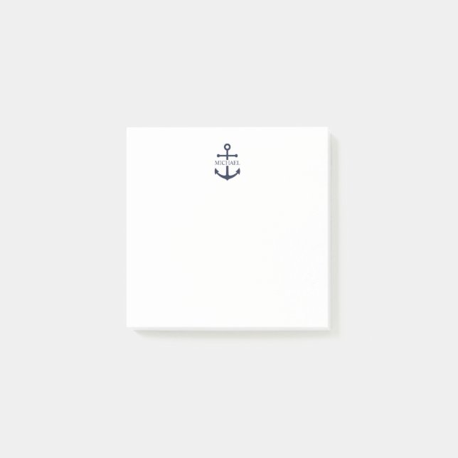 Nautical Navy Blue Anchor Personalised Name Post-it Notes (Front)
