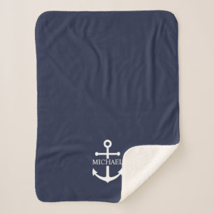 Nautical Navy Blue Anchor Personalised Name Sherpa Blanket