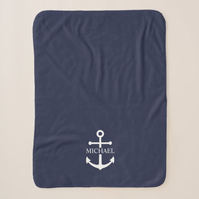 Nautical Navy Blue Anchor Personalised Name Sherpa Blanket (Front)