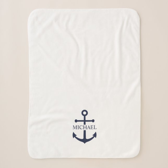 Nautical Navy Blue Anchor Personalised Name Sherpa Blanket (Front)