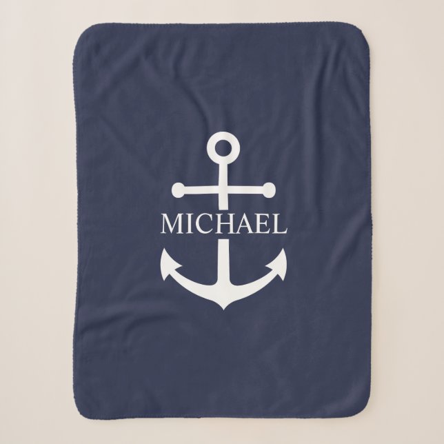 Nautical Navy Blue Anchor Personalised Name Sherpa Blanket (Front)