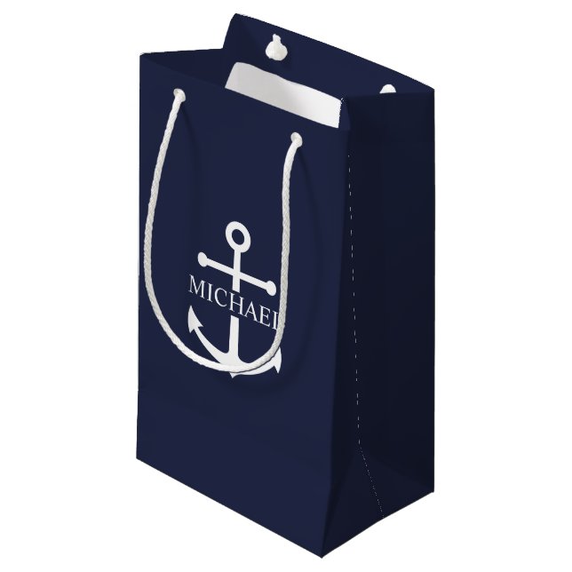 Nautical Navy Blue Anchor Personalised Name Small Gift Bag (Front Angled)