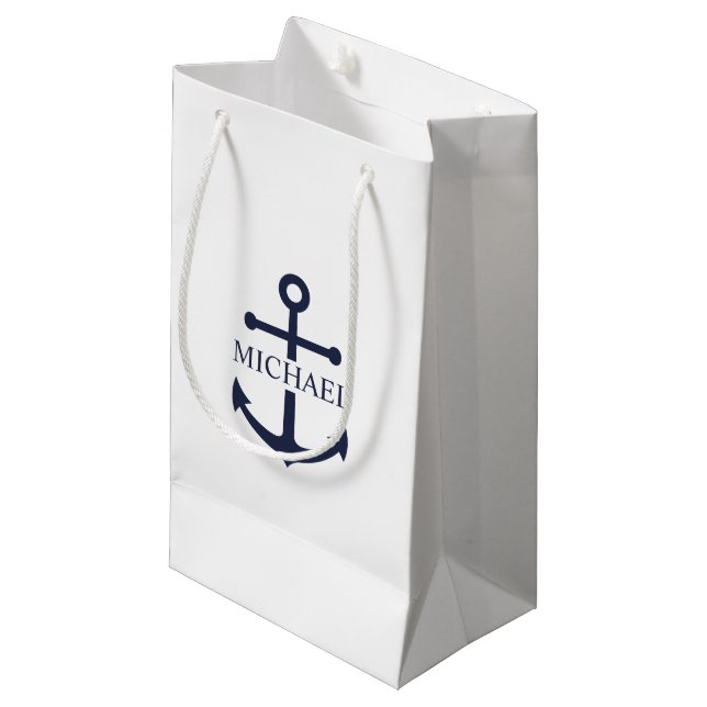 Nautical Navy Blue Anchor Personalised Name Small Gift Bag (Front Angled)