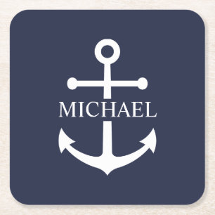 Nautical Navy Blue Anchor Personalised Name Square Paper Coaster