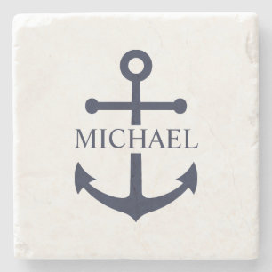 Nautical Navy Blue Anchor Personalised Name Stone Coaster