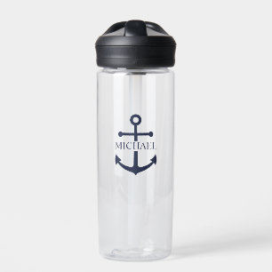 Nautical Navy Blue Anchor Personalised Name Water Bottle