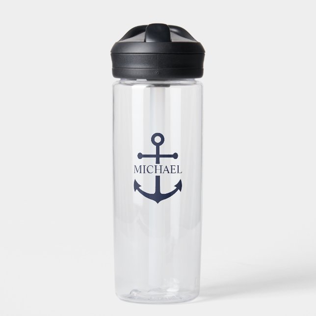 Nautical Navy Blue Anchor Personalised Name Water Bottle (Front)