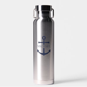 Nautical Navy Blue Anchor Personalised Name Water Bottle